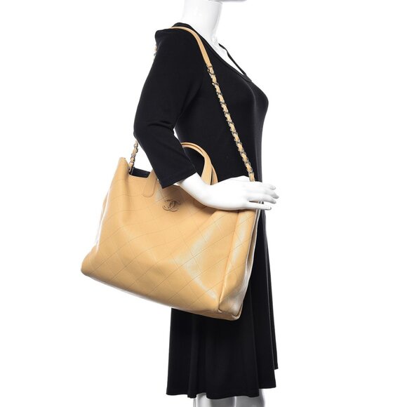 Authentic CHANEL CC Caviar Large 2Way Shoulder Tote Bag Chain Beige Leather - Picture 2 of 12